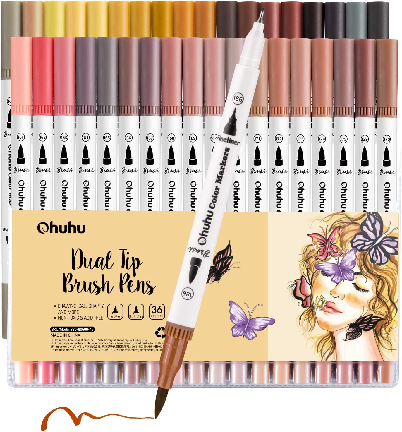 BRUSH & FINELINER PENS 36 COLORS, BLACK STAND